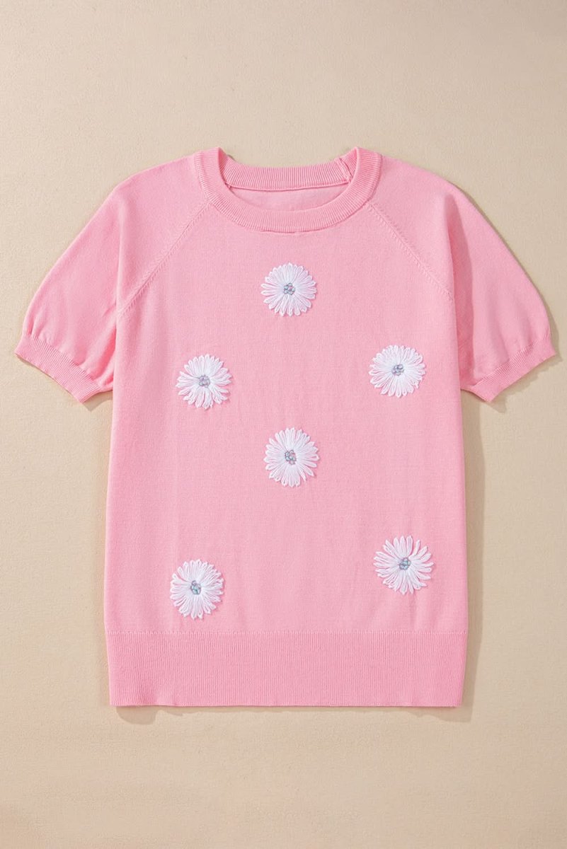 Floral Knit Short Sleeve Top in Charming Pink - Love Salve